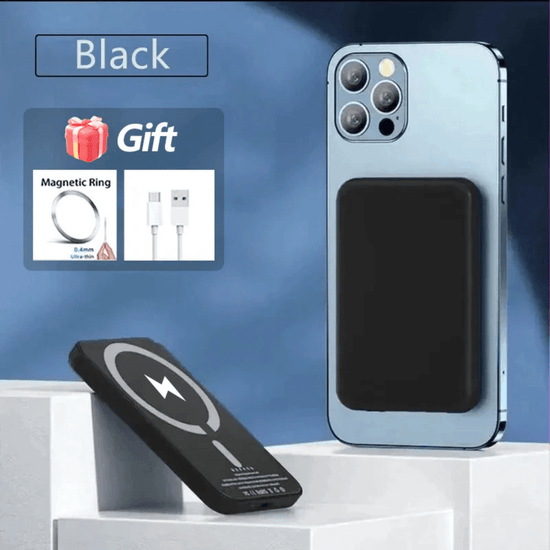 Magnetic Powerbank for Apple in black attached to iPhone, showcasing fast wireless charging features.