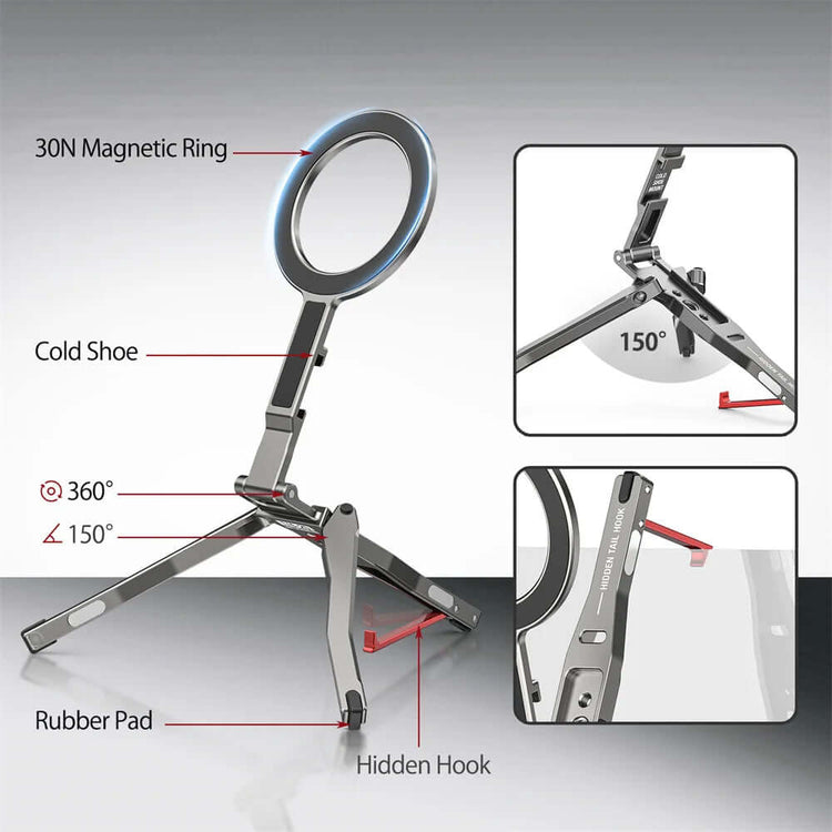 Magnetic Tripod features: 30N magnetic ring, cold shoe, adjustable angles, 360 rotation, rubber pad, and hidden hook for stability.