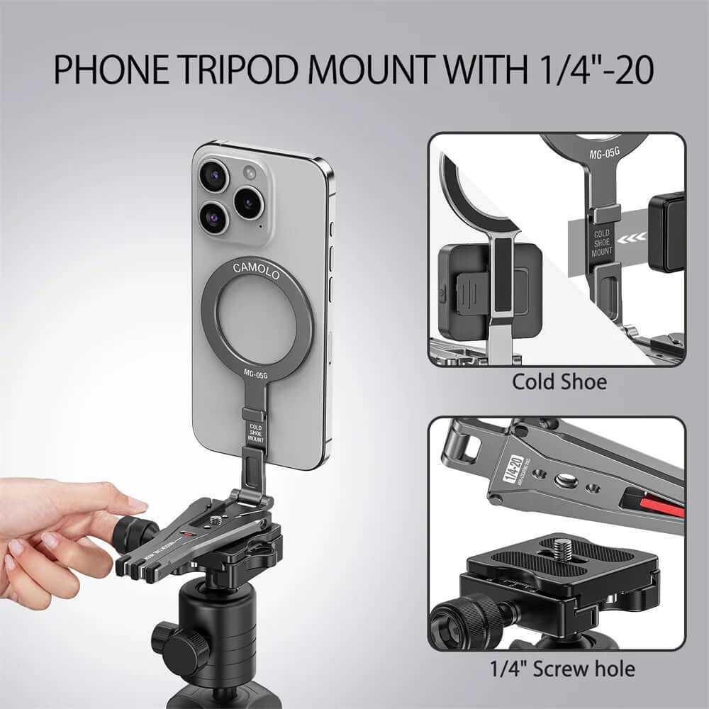 Magnetic tripod mount for iPhone with adjustable cold shoe and 1/4" screw hole, ideal for photography and vlogging.