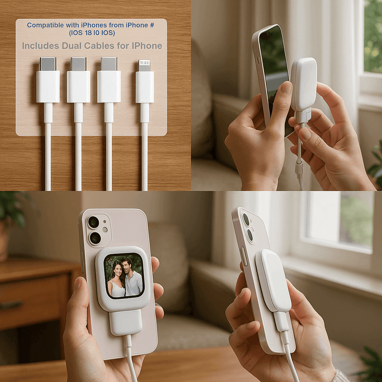 Collage image showing iPhone cables and accessories, highlighting compatibility with iPhones from models 8 to 13.