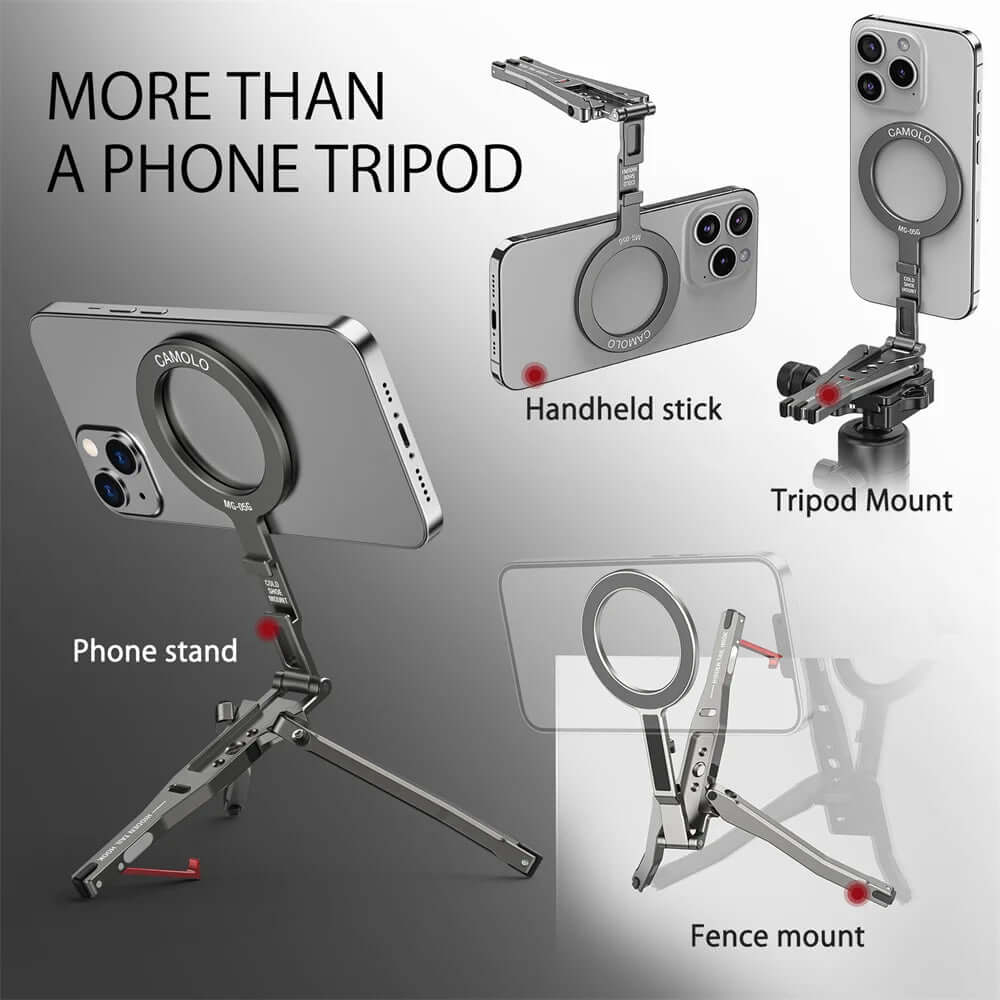 Magnetic tripod for MagSafe iPhones showcasing multiple uses: handheld stick, tripod mount, and phone stand.