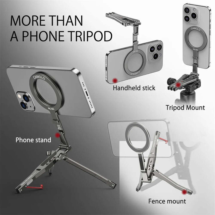 Magnetic tripod for MagSafe iPhones showcasing multiple uses: handheld stick, tripod mount, and phone stand.