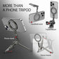 Magnetic tripod for MagSafe iPhones showcasing multiple uses: handheld stick, tripod mount, and phone stand.