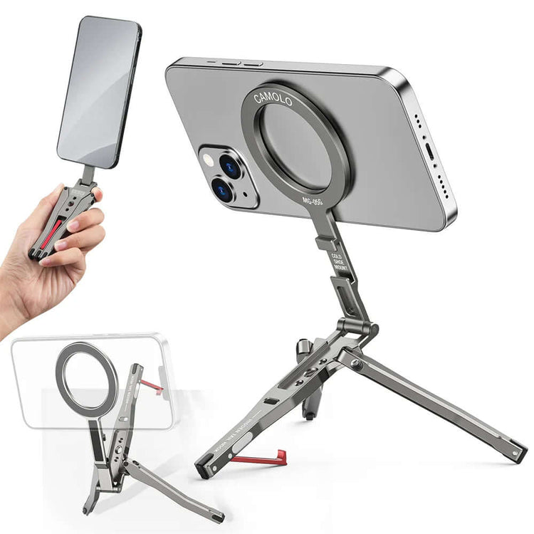 Magnetic tripod for MagSafe iPhone, perfect for hands-free photography and video streaming.