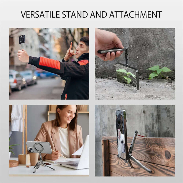 Collage of Magnetic Tripod for MagSafe iPhone in use for photography and video calls.