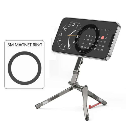 Magnetic tripod for MagSafe iPhone with adjustable stand and calendar display for easy hands-free use.
