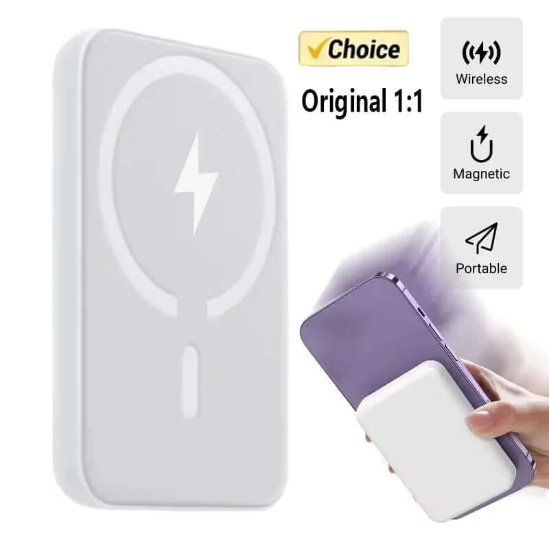 Magnetic Powerbank for Apple demonstrating wireless charging, compact design, and secure attachment to iPhone.