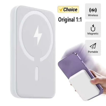 Magnetic Powerbank for Apple demonstrating wireless charging, compact design, and secure attachment to iPhone.