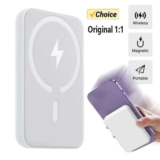 Magnetic Powerbank for Apple demonstrating wireless charging, compact design, and secure attachment to iPhone.