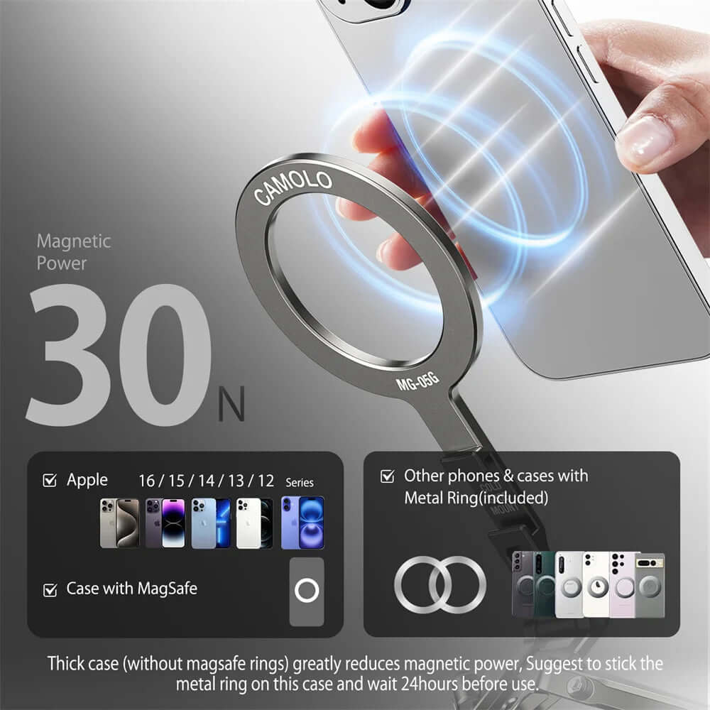Magnetic Tripod for MagSafe iPhone showing magnetic strength and compatibility with various iPhone models and cases.